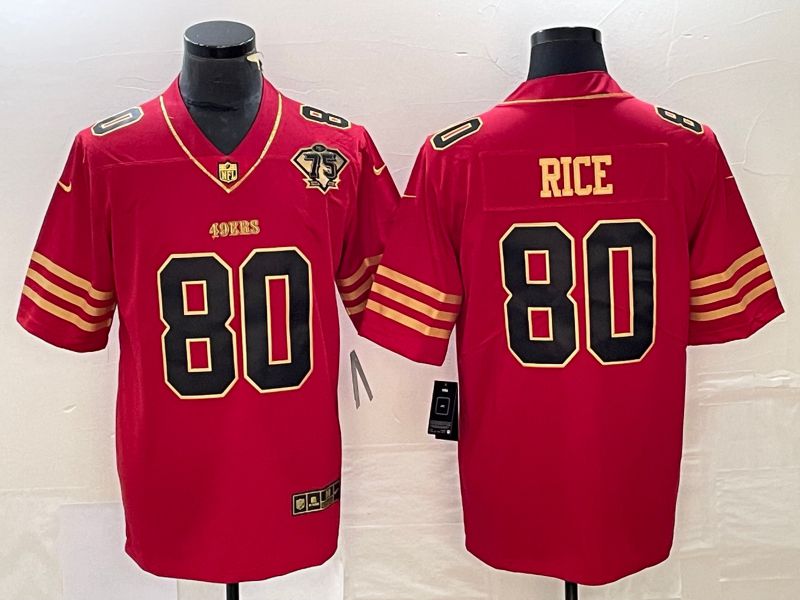 Men San Francisco 49ers #80 Rice Red Gold 75th 2023 Nike Vapor Limited NFL Jersey